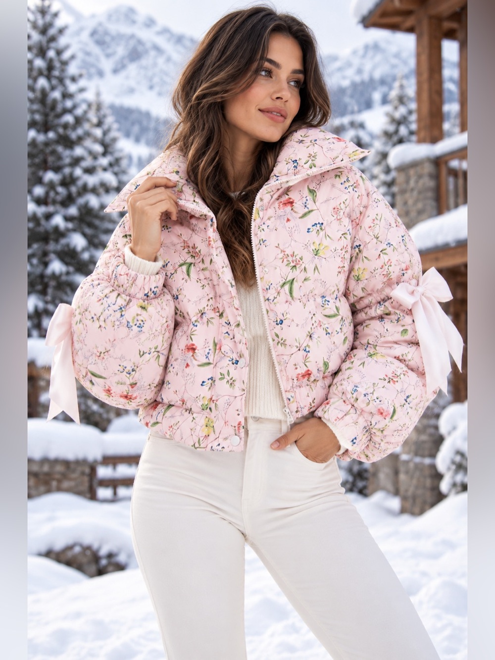 Selkie Pink Floral Bow Marshmallow Puffer Jacket Size M NWOT $339